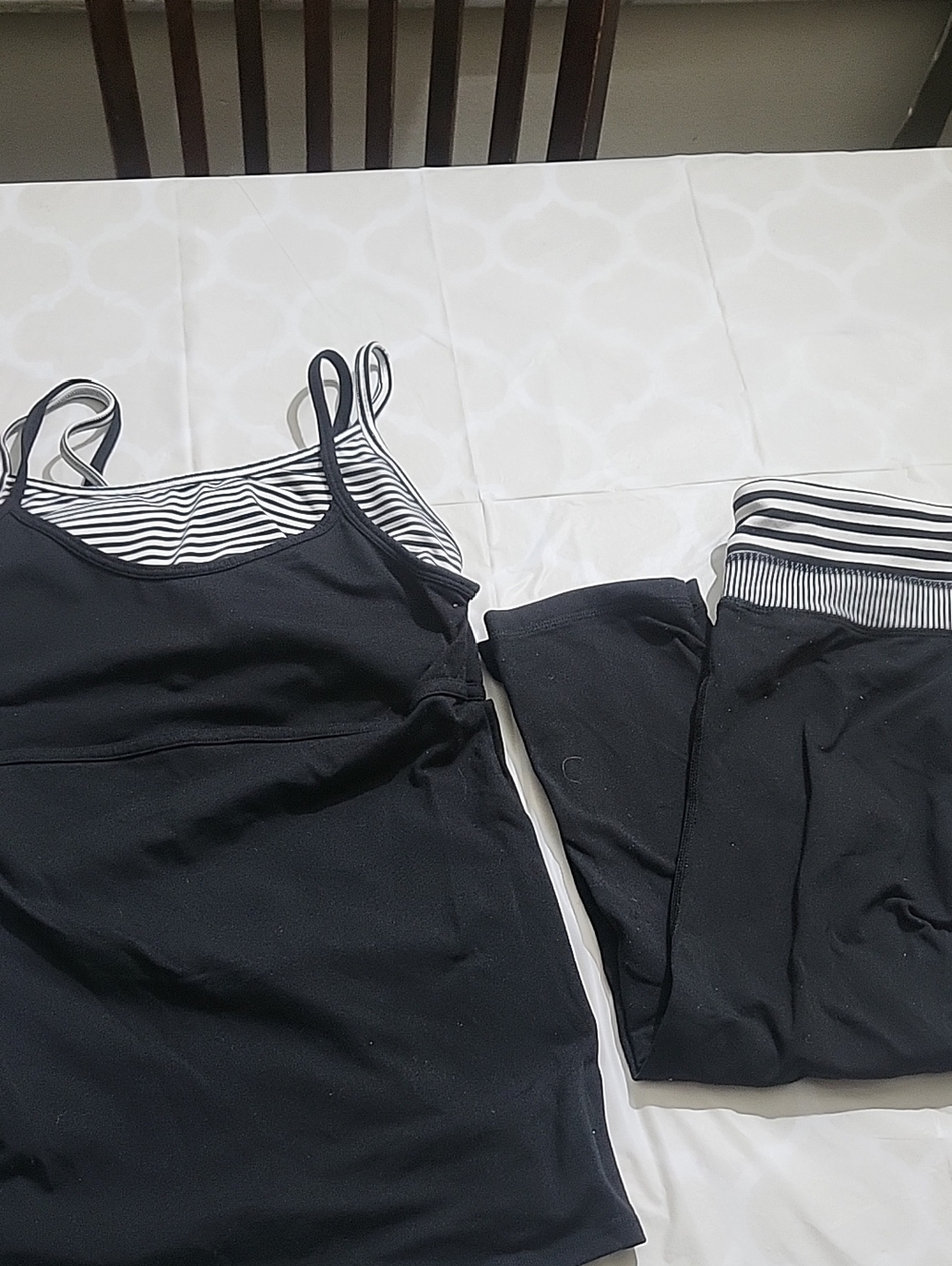 Black Strappy Tank and Matching Pants Set with Striped Trim